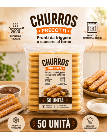 CHURROS precotte surgelate in confezioni 50 unità di 10 cm. Pronti da friggere o cuocere al forno